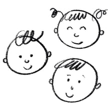 a sketchy art of 3 children with smiley faces.